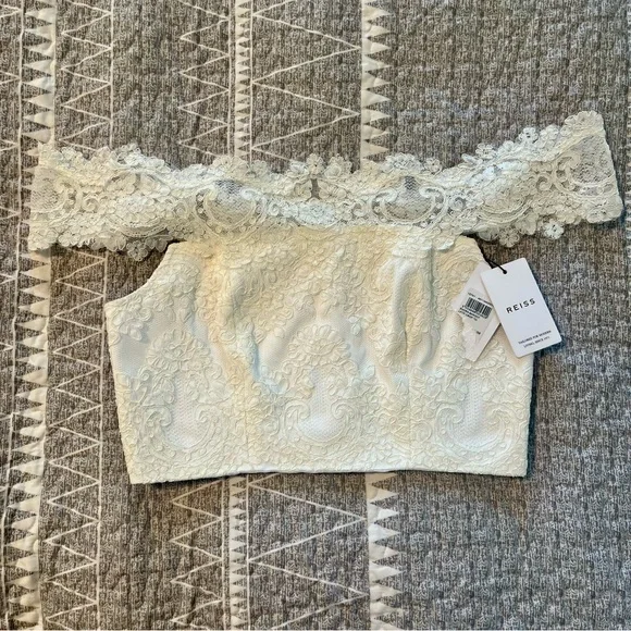 Reiss Evora Bardot Lace Off Shoulder Crop Top White NWT Size 8 Bridal - Picture 2 of 11